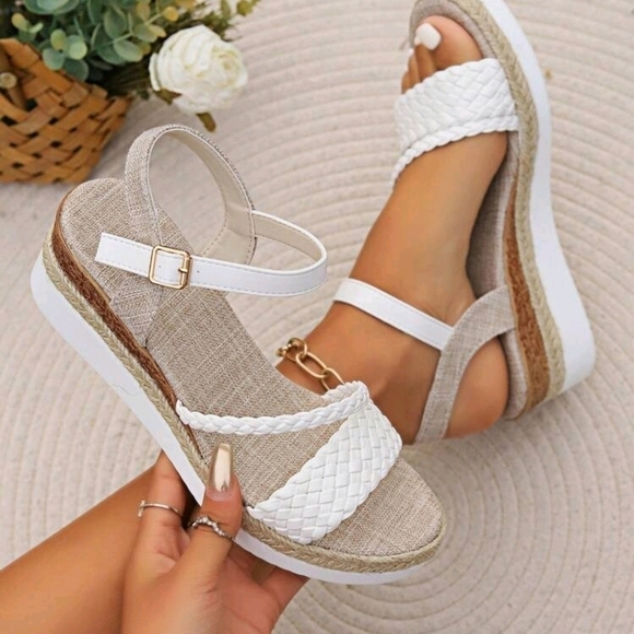 Shoes - White Woven Strap Wedge Thick Platform Sandals With Jute Bottom And Cross Strap,
